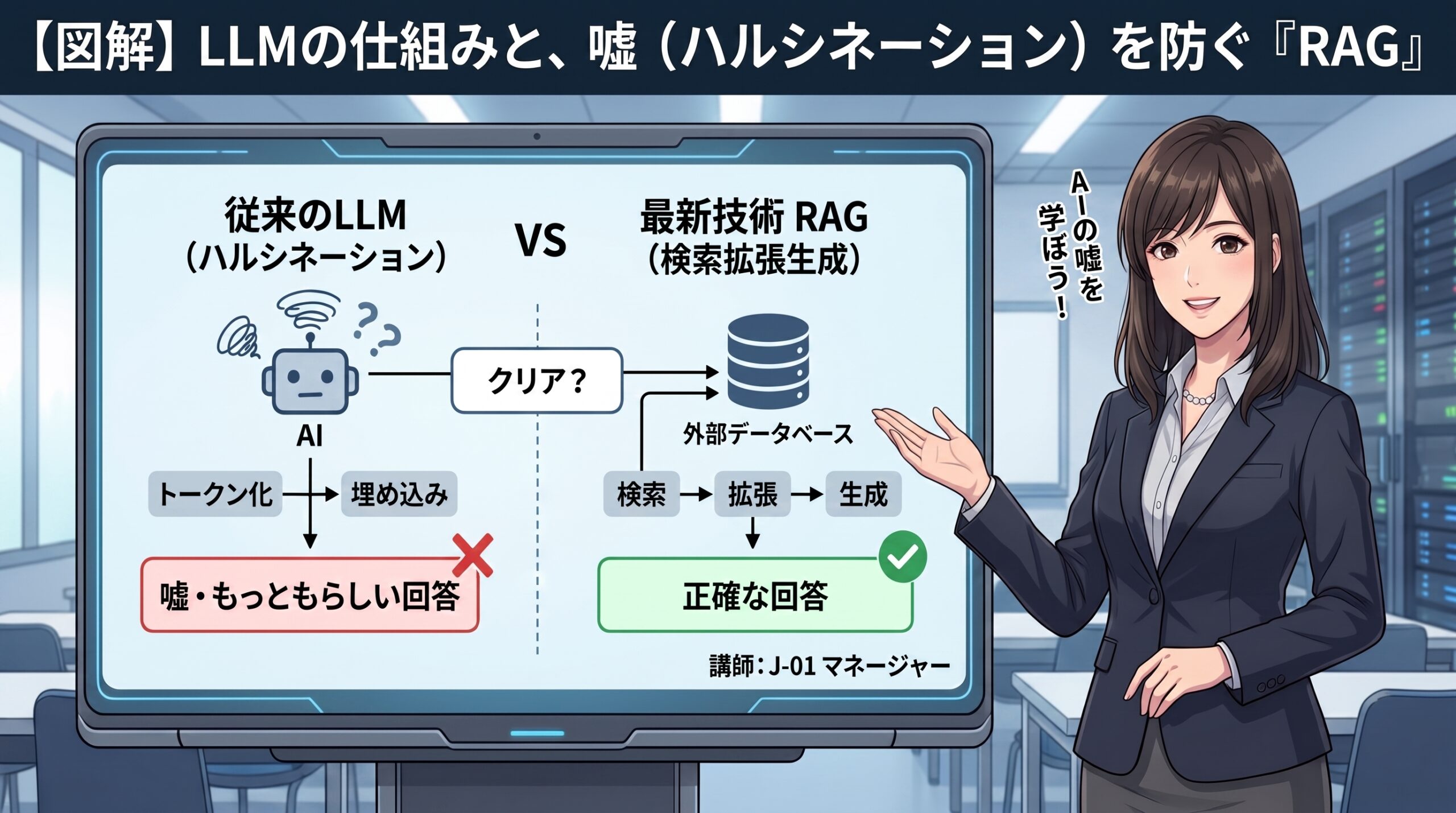 大規模言語モデル（LLM）の仕組み、ハルシネーション（AIの嘘）、RAG（検索拡張生成）による正確な情報提供のプロセスを図解したアイキャッチ画像