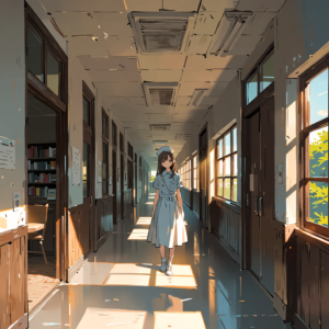 人物の大きさを直接指定するのではなく、「遠くまで続く廊下」を作った。距離が人物を小さくした。